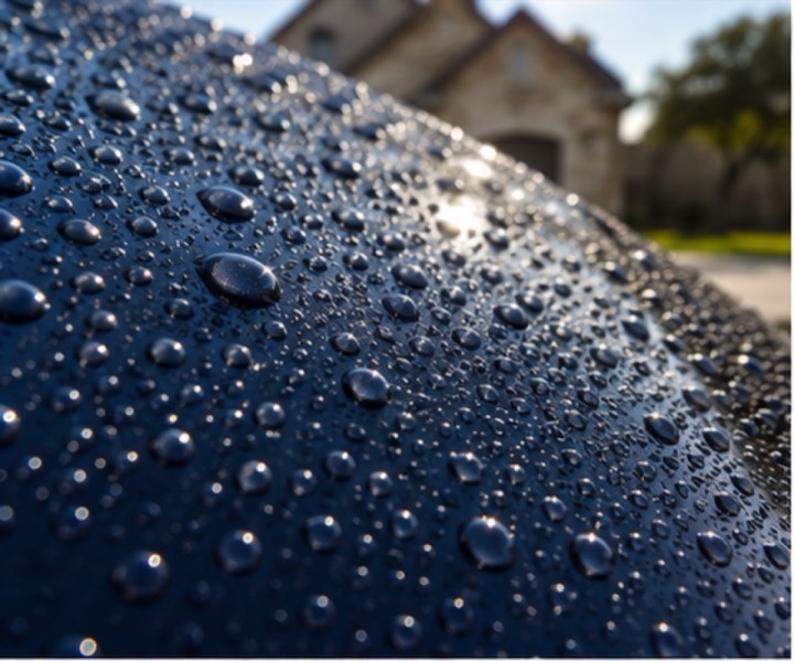 Water beading in tight droplets on freshly ceramic coated navy paint, Austin