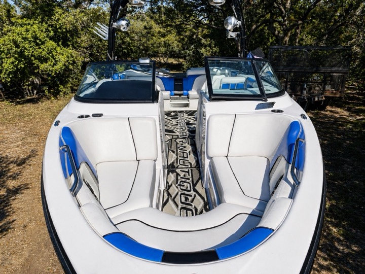 Nautique ski boat after two-step gelcoat correction near Austin