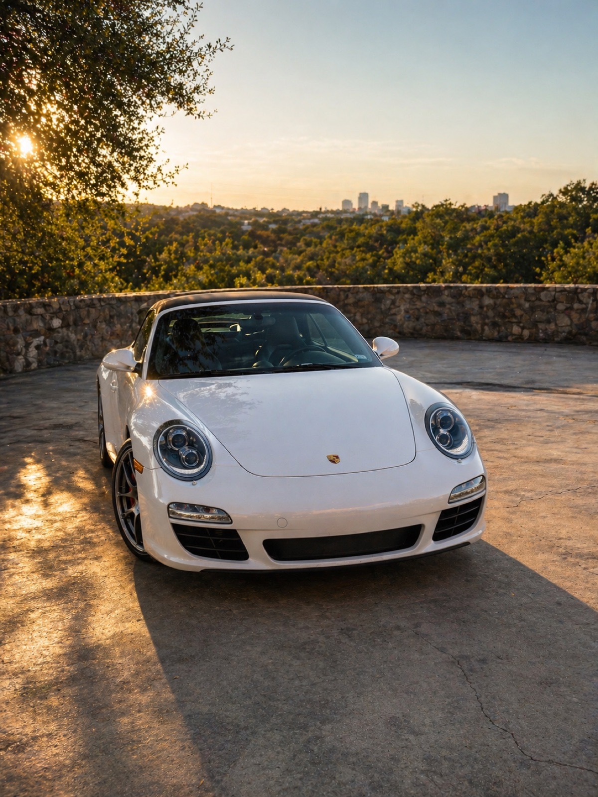 White Porsche 911 with ceramic coated paint at golden hour overlooking Austin — Whales Details